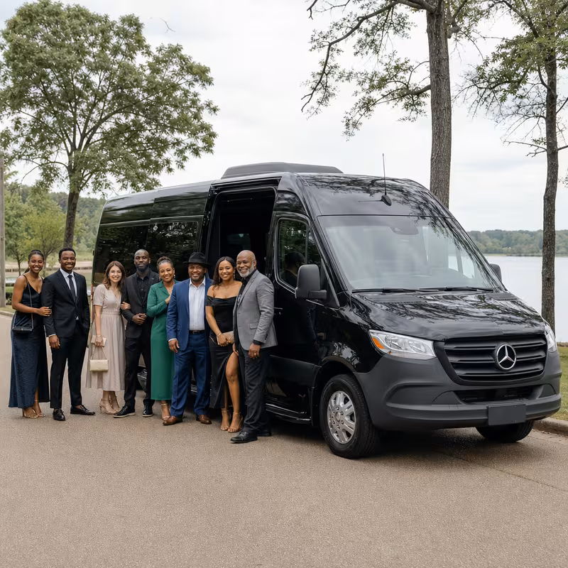 Group beside a Mercedes Sprinter limo from the Shreveport fleet