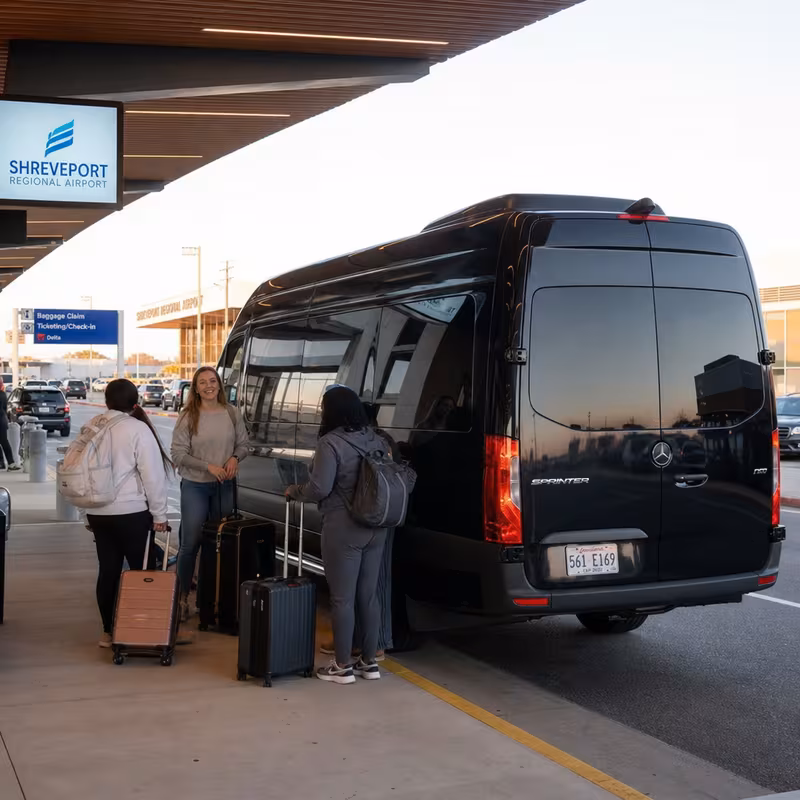 Group boarding a white charter bus for Airport Transportation transportation in Shreveport