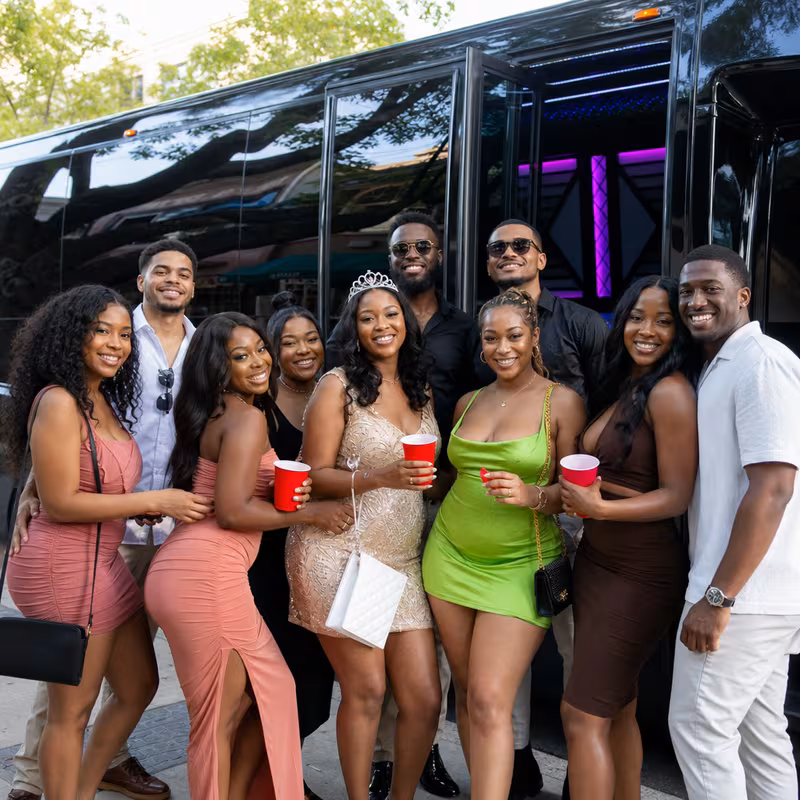 Party bus interior with wraparound leather seating and LED lighting in Shreveport