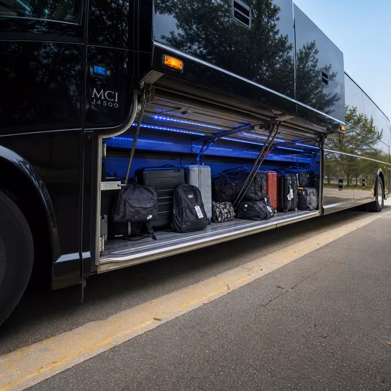 Party bus interior with wraparound leather seating and LED lighting in Shreveport